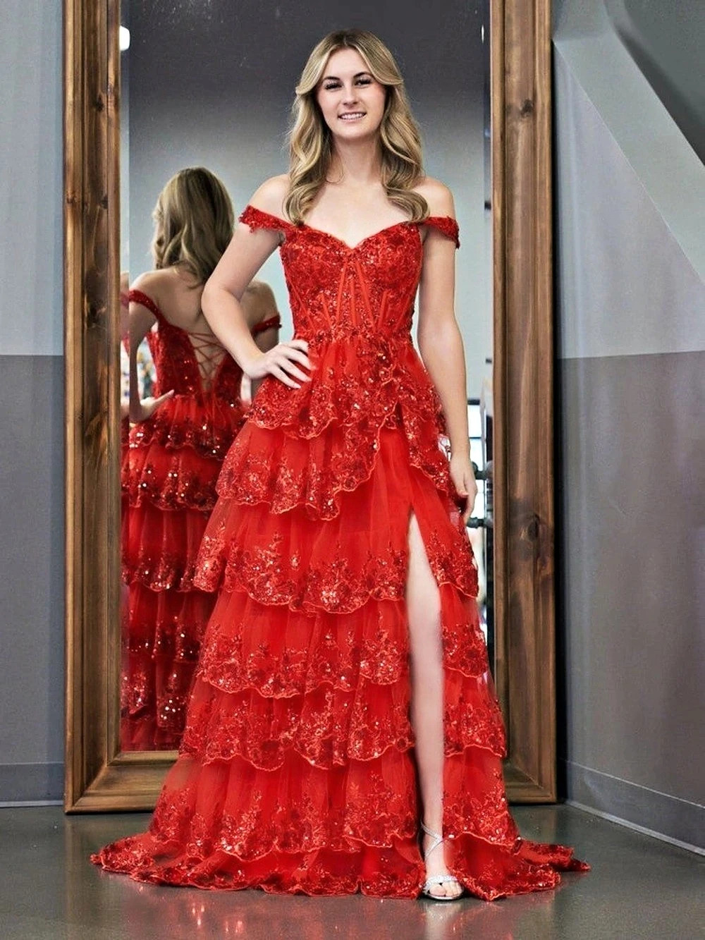 Dancing Queen Long Ruffled Prom Ball Gown Red Sequin Size 4